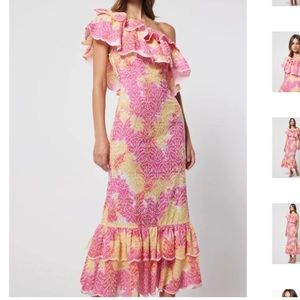 elliatt arundel pink one shoulder ruffle detail embroidered maxi summer dress